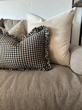 Load image into Gallery viewer, Black Linen Check Ruffle Pillow Cover