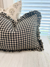 Load image into Gallery viewer, Black Linen Check Ruffle Pillow Cover