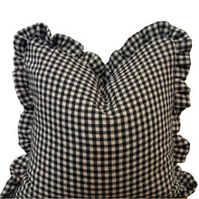 Load image into Gallery viewer, Black Linen Check Ruffle Pillow Cover
